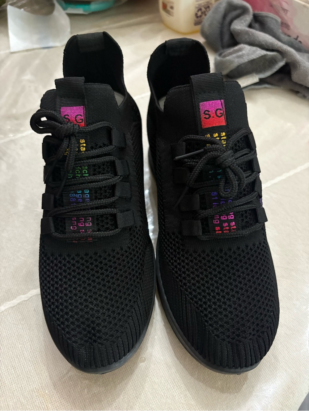 Black Knit Lace-Up Sneakers with Rainbow Accent